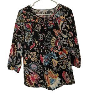 Hester & Orchard Linen Blend Black Floral Tunic Blouse Womens Size Small